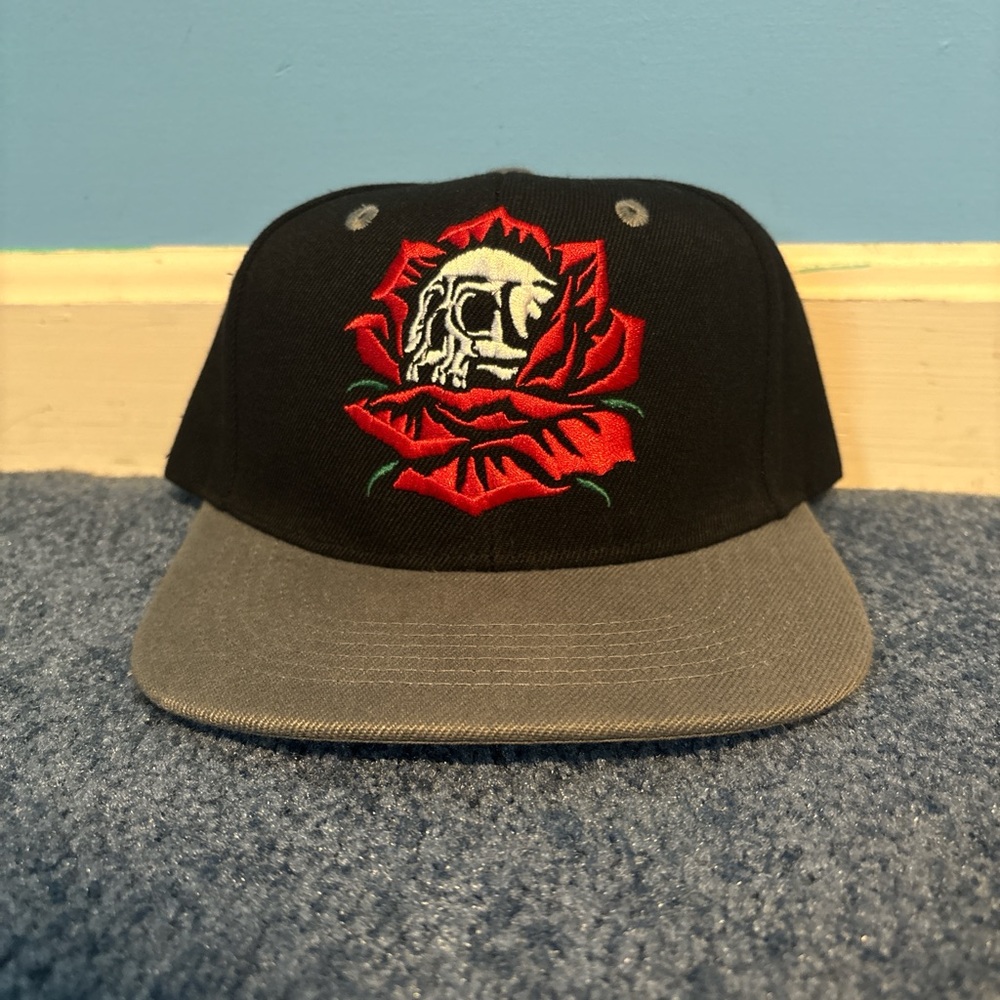 Black and Gray Cap with Red Rose Embroidery